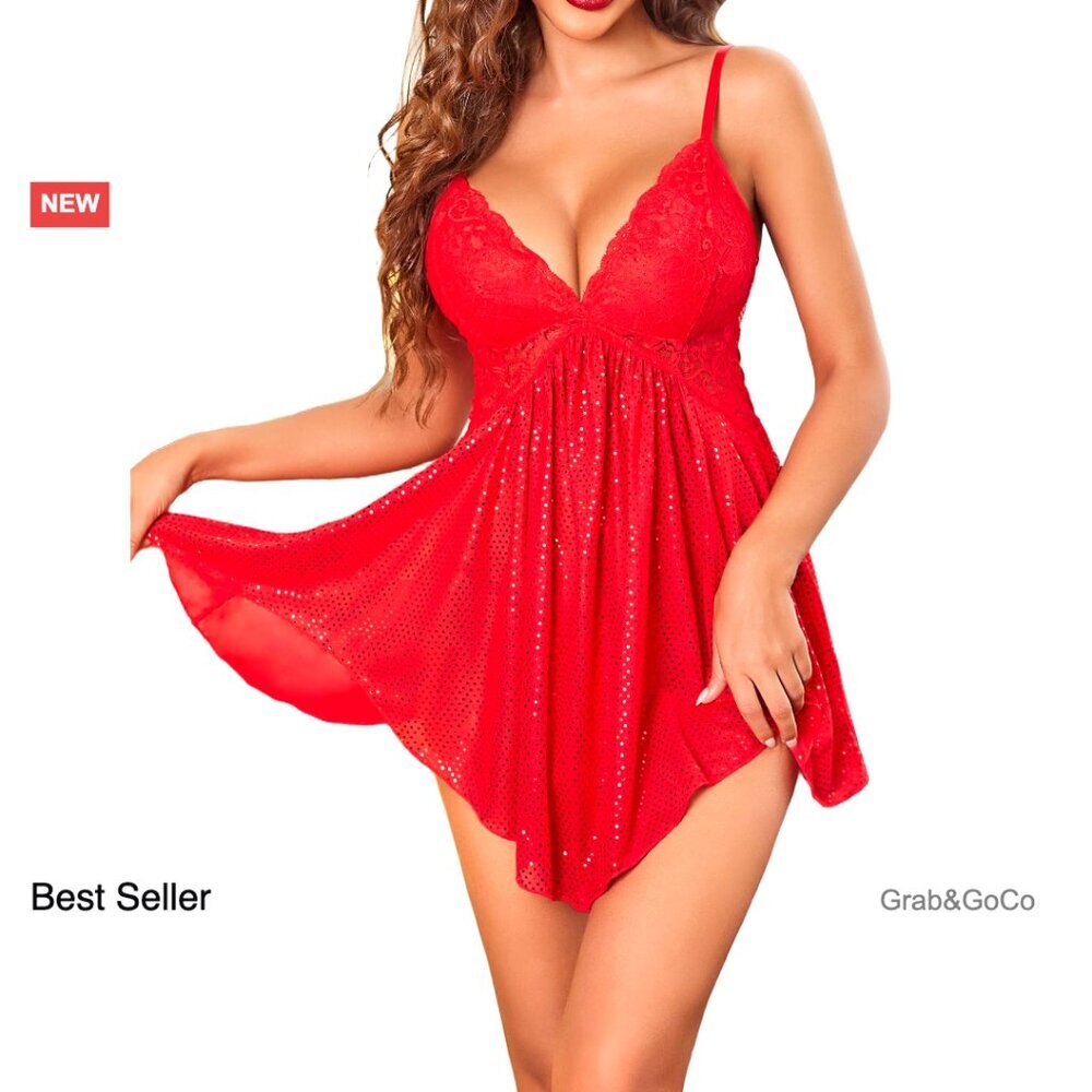 Lace Babydoll Chemise V-Neck Sleepwear Adjustable Straps Sheer Mesh Elegant